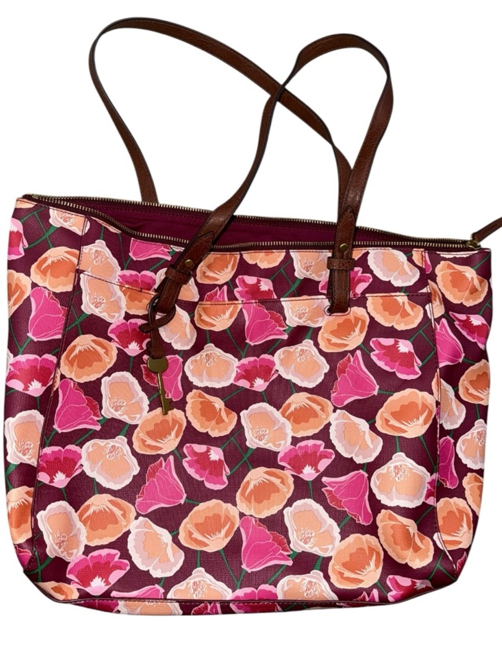 Fossil Pink Rachel Floral Print Tote with Brown Leather Straps, gold key - Picture 4 of 10